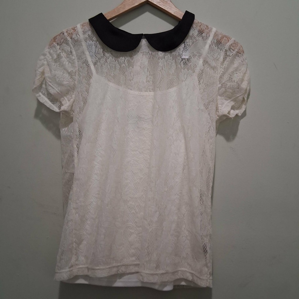 HeartSoul White Floral Lace Peter Pan Collar Button Back Top 25665EB50 Medium